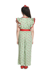 Girls Green and Red Cherry Jumpsuit with Flutter Sleeves
